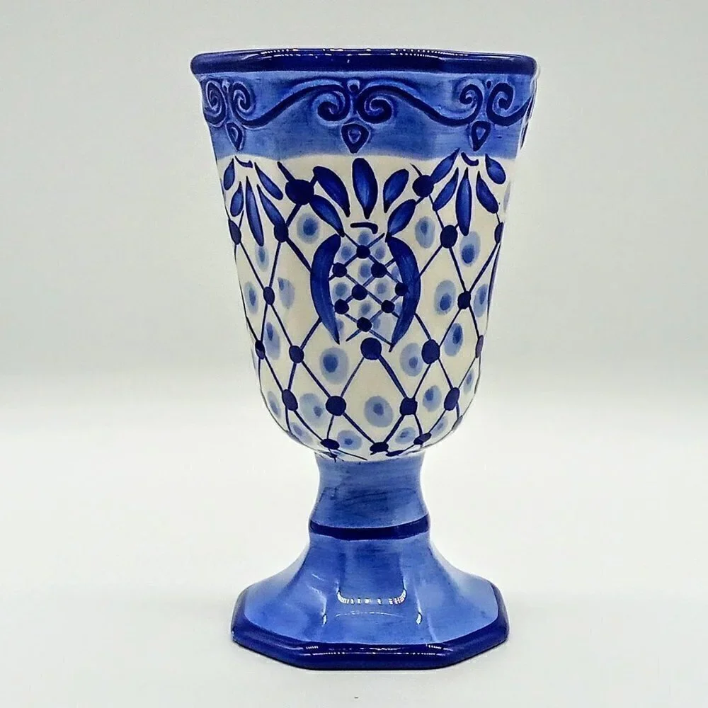 Tabletops Unlimited Hand-Painted Lisbon Blue White Ceramic Footed Vase